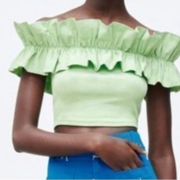 Zara Off the Shoulder light green Crop Top size L 326 - Picture 1 of 8